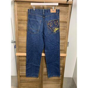Gino Green Global Embroidered Denim Blue Jeans Y2K Grunge Street Skater Size 34